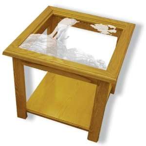 Solid Oak End Table with Etched Glass Cougar Art Square  