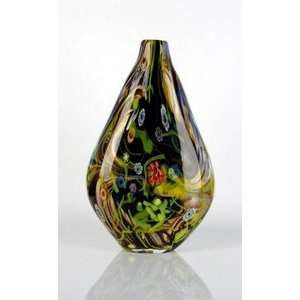   Handmade Art Glass Black w/ Colorful Flowers Vase 