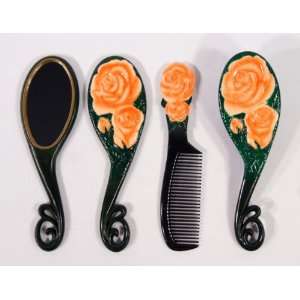   Orange Rose Flower Hair Brush Mirrow Comb Set (Set of 3) Beauty