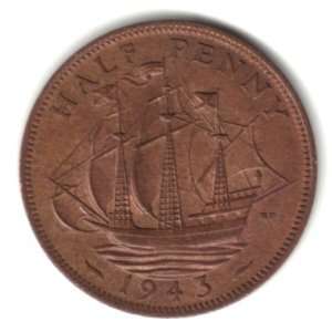  1943 UK Great Britain England Half Penny Coin KM#844 