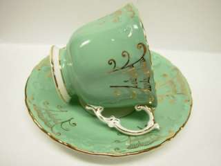   Porcelain JADE GREEN & GOLD SCROLL Square Cup & Saucer Set  