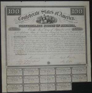 100 Confederate Bond, 1861, Agriculture w/14 coupons  