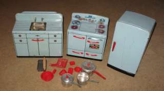 Vintage Marx Blue Tin Toy Litho Kitchen Lot  Refrigerator, Sink, Oven 