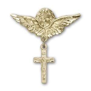   Baby Badge with Crucifix Charm and Angel w/Wings Badge Pin Jewelry