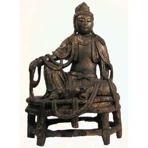  Tibetan Wood Gilt Statue Seated Male Aspect Quan Yin 