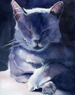 PRINT Russian Blue Grey Gray Cat Art Painting  