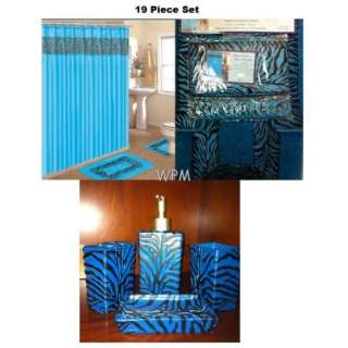 19pc Bath Accessory Set blue/turquoise zebra rugs & shower curtain 
