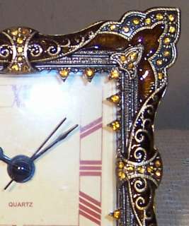 PEWTER, CRYSTAL, ENAMEL Small Table CLOCK, Gold/Amber  
