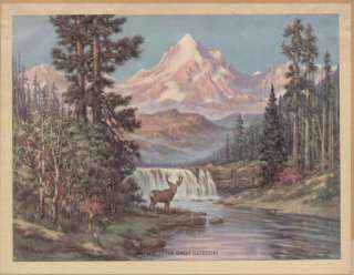 Big Deer Buck River Waterfall Rocky Mountain Landscape c1940 Vintage 