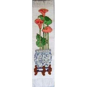   Cross Stitch Chinese Vase & Red Lilies Bookmark 