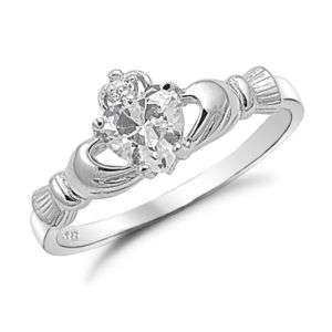 SR237 Sterling Silver Clear Heart CZ Claddagh Ring  