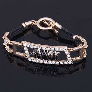   Gold GP Swarovski Crystal Rope & Fabric Fashion Bracelet B143  