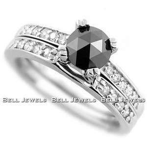   BLACK DIAMOND ENGAGEMENT RING / WEDDING BAND SET 14k WHITE GOLD  