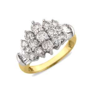 14K Womens Yellow Gold 3 Row Diamond Cluster Ring 2 CT  