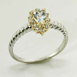   Yellow White Gold Pear Shape Aquamarine & Diamond Vintage Ring  
