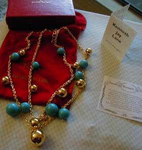 KENNETH JAY LANE TURQUOISE RESIN AND GOLD BUBBLY BAUBLE DOUBLE STRAND 