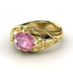   Hearts Crown Ring, Oval Pink Tourmaline 18K Yellow Gold Ring Jewelry
