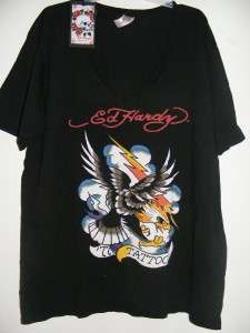 ED HARDY 77tattoo eagle lightning black low v neck XXL  