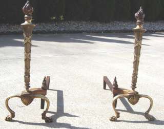   Brass Andirons Flame Top Early 1900s Antique Fireplace Decor  