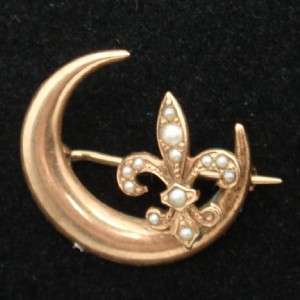 10k Yellow Gold Victorian Pin Fleur de Lis Crescent Moon Seed Pearl 