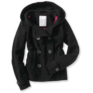   Womens Juniors Black Hooded Pea Coat L or XL Fast Shipping  