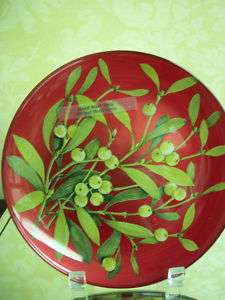 VIETRI RED GLASS PLATE WITH GREEN MISTLETOE BERRIES  