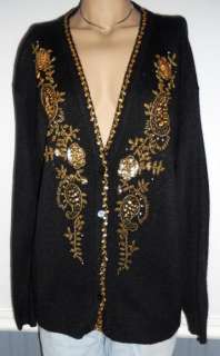   DUNNER BLACK CARDIGAN SWEATER W/Gold Sequin/Bead Trim Holiday L  