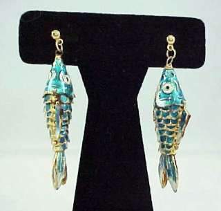   Cloisonne Filigree Gold Tone Articulated FISH Pendant Charm Earrings