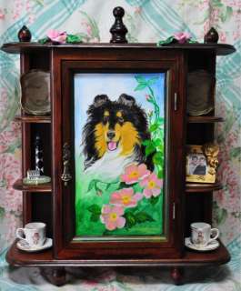 COLLIE WOOD CURIO CABINET PAINTING ONE OF A KIND ROSES PPAG HA31 