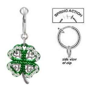  Fake Belly Navel Non Clip on Bright Green Shamrock 4 leaf 