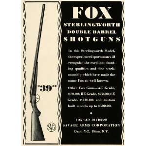 1934 Ad Fox Gun Savage Arms Sterlingworth Hunt Shotgun   Original 