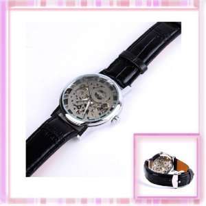   Mechanical Skeleton Watch Hand Wind Up Dial Black Leather Strap W0120