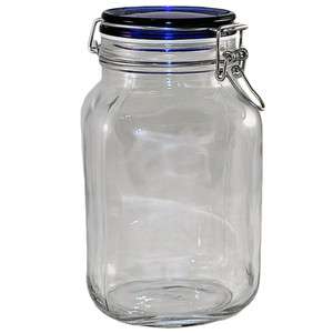 NEW   Large Wire Bale AIR TIGHT Glass Jar with COBALT Blue Lid  