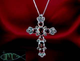 STERLING SILVER Large Garnet Marcasite Cross Necklace  
