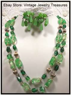 Vintage Venetian Green Swirl Art Glass & Gold Tone Necklace & Clip 