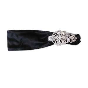 Jennifer Behr Large Crystal Victorian Brooch Silk Satin Black Headwrap