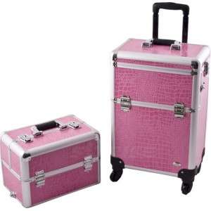 Pink PRO 4WD Aluminum Makeup Artist Rolling Train Case Cosmetic Beauty 