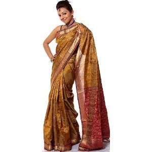 Golden and Maroon Tissue Sari from Hyderabad with Ikat Weave   Pure 