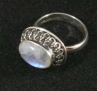   STERLING SILVER RAINBOW MOONSTONE Finger RING Size 9 Fancy Oval  