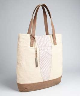 BCBGMAXAZRIA natural canvas faux leather trimmed tote