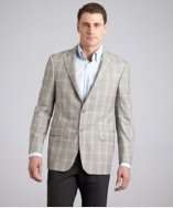 Hickey Freeman taupe plaid wool two button blazer style# 317065401