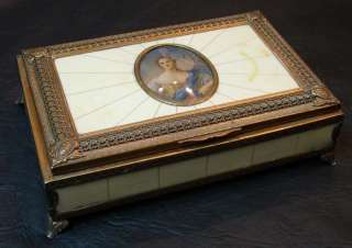 Old galalite jewel box with miniature painted  