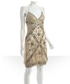 Sue Wong champagne beaded lace halter dress  