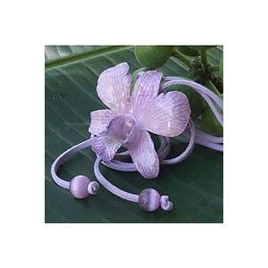  Natural Orchid Leather Long Necklace, Exotic Purple Bloom 