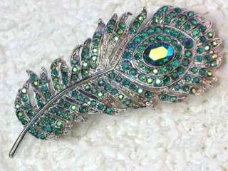 EMERALD COLOR AB PEACOCK FEATHER HAIR BARRETTE C527  
