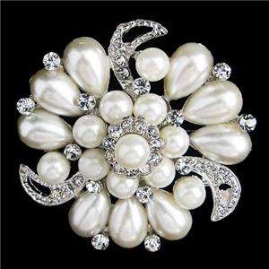 Bridal Pearl Flower Drop Brooch Pin Austrian Rhinestone Crystal VTG 