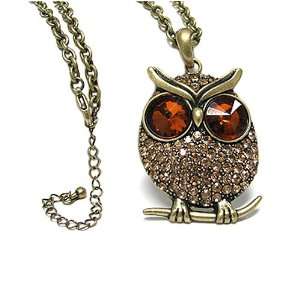  Golden Brown Crystal Big Eye Owl Pendant Necklace Fashion 