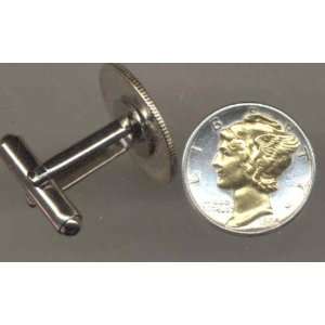  2 Toned Gold on Silver Old U.S. Mercury dime cufflinks 