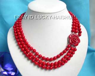 Elegant  3row round red coral necklace 925sc carved coral clasp