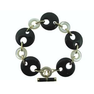  Onyx and White Mother Of Pearl Round Saucer Bracelet, 14k 